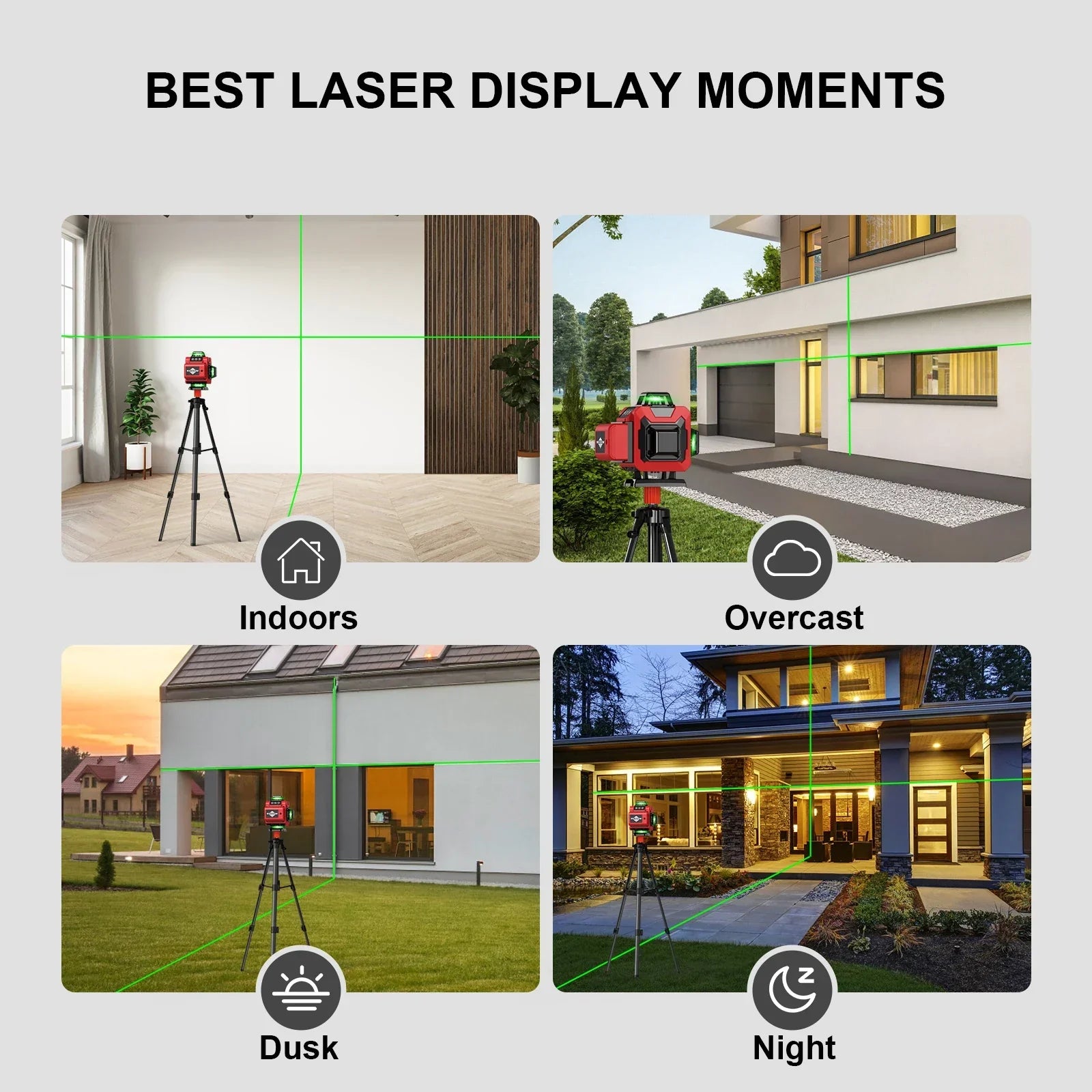 Collage de moments d’affichage du Silvanhome Niveau Laser en intérieur, par temps couvert, au crépuscule et de nuit