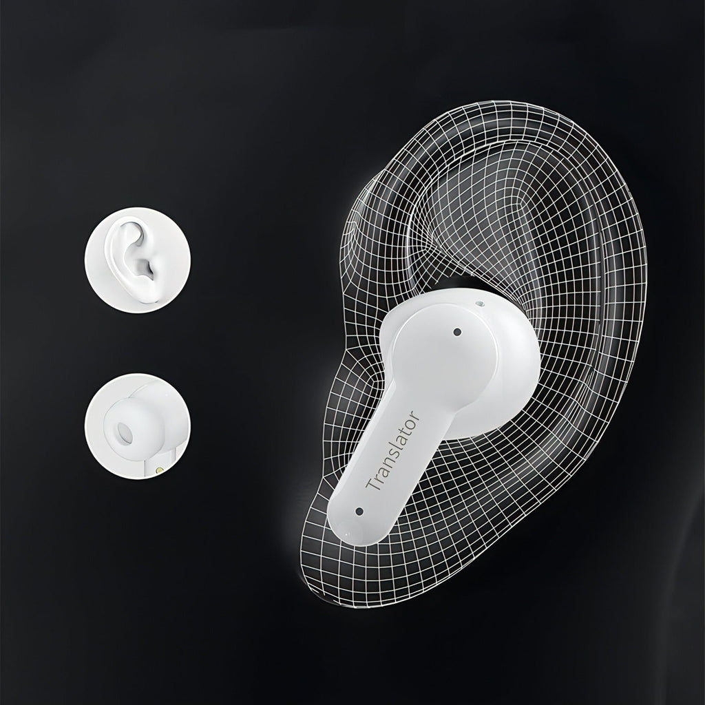 Écouteur blanc avec texte « Translator » sur fond noir