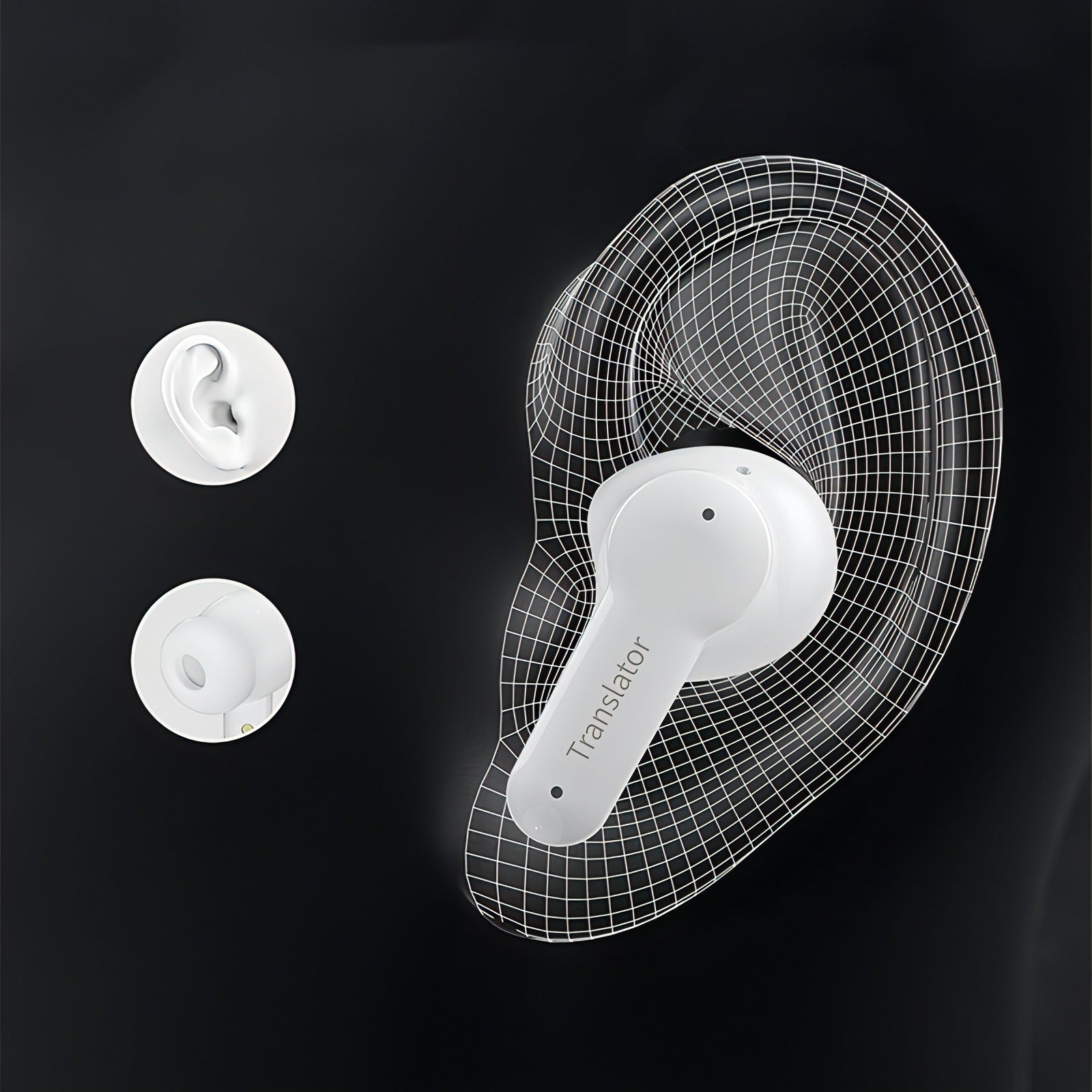 Écouteur blanc avec texte « Translator » sur fond noir