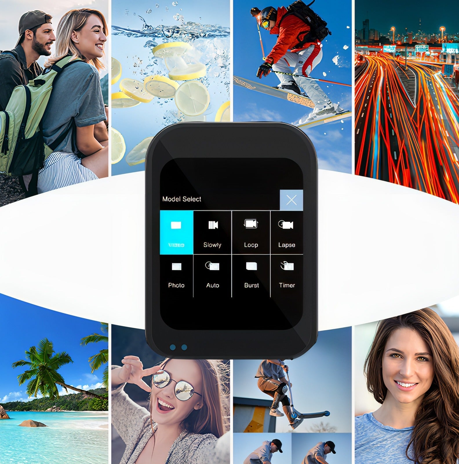 korons Caméra Vlog noire avec interface sur un collage de diverses images incluant des personnes, la nature et des activités