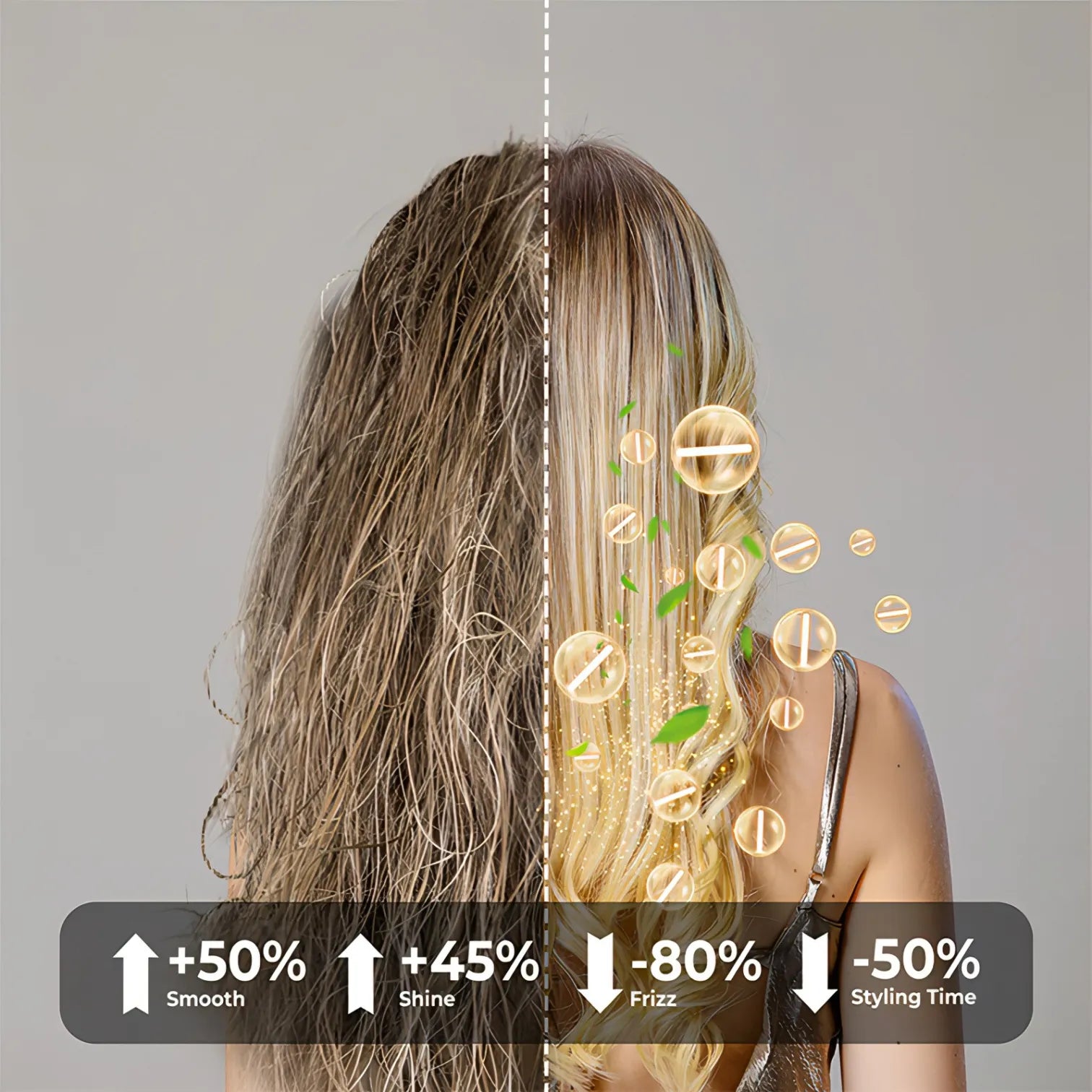 Comparaison avant/après d’un traitement capillaire avec améliorations statistiques sur fond gris