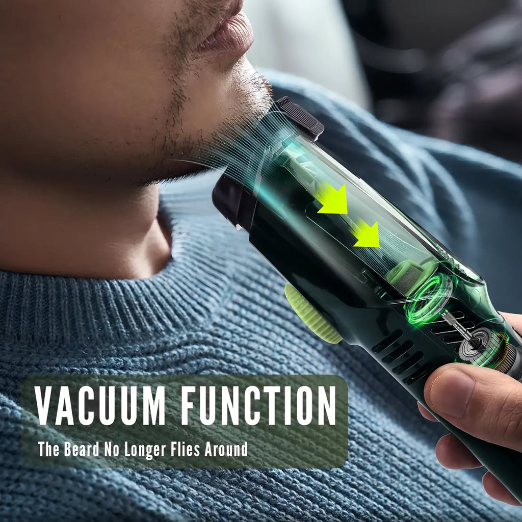 Personne utilisant le nettoyeur de la Kersens Tondeuse à Barbe, avec texte mettant en avant sa fonction