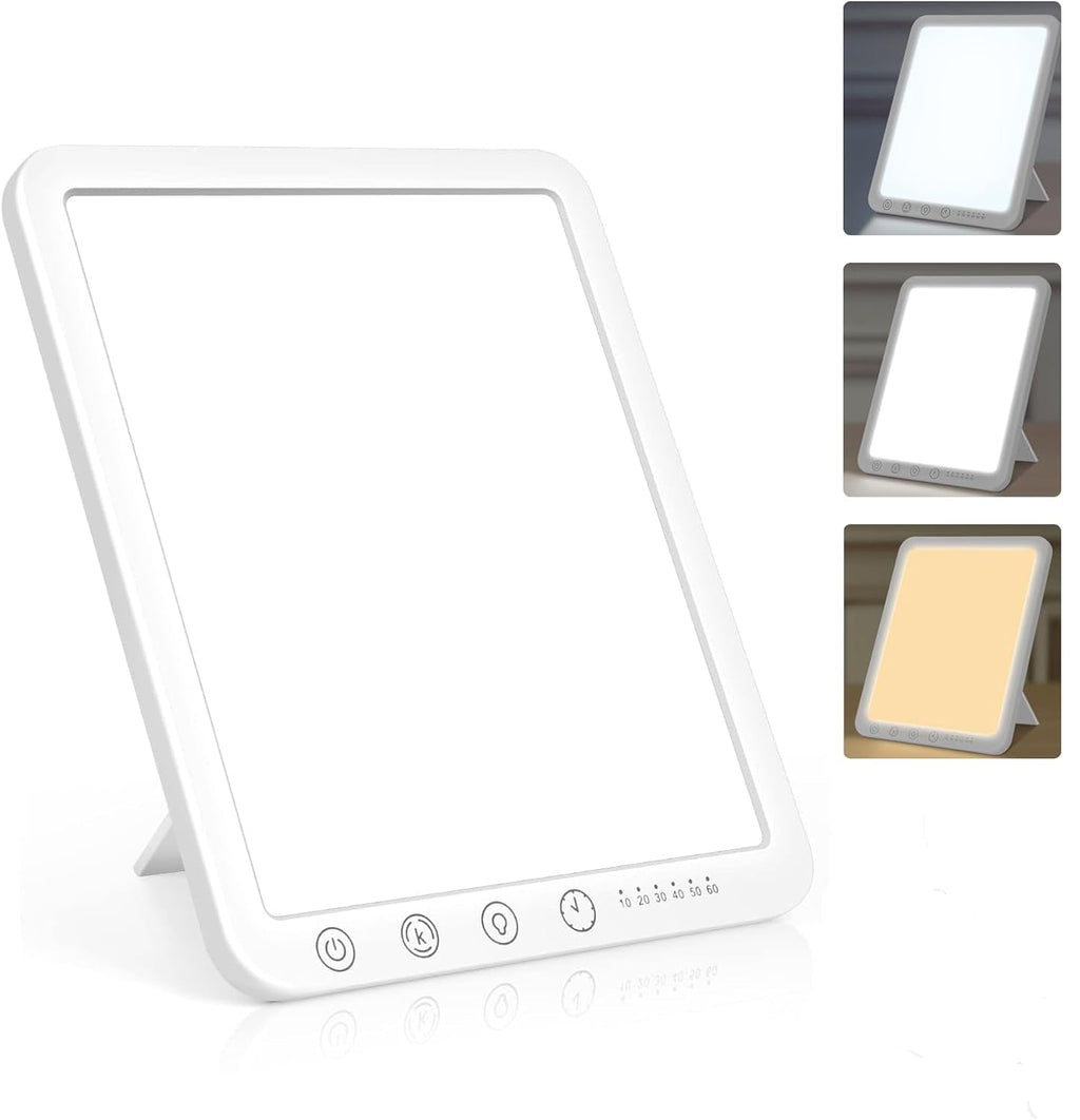 Lampe de luminothérapie Velnotra blanche avec panneau de commande, sur fond blanc.