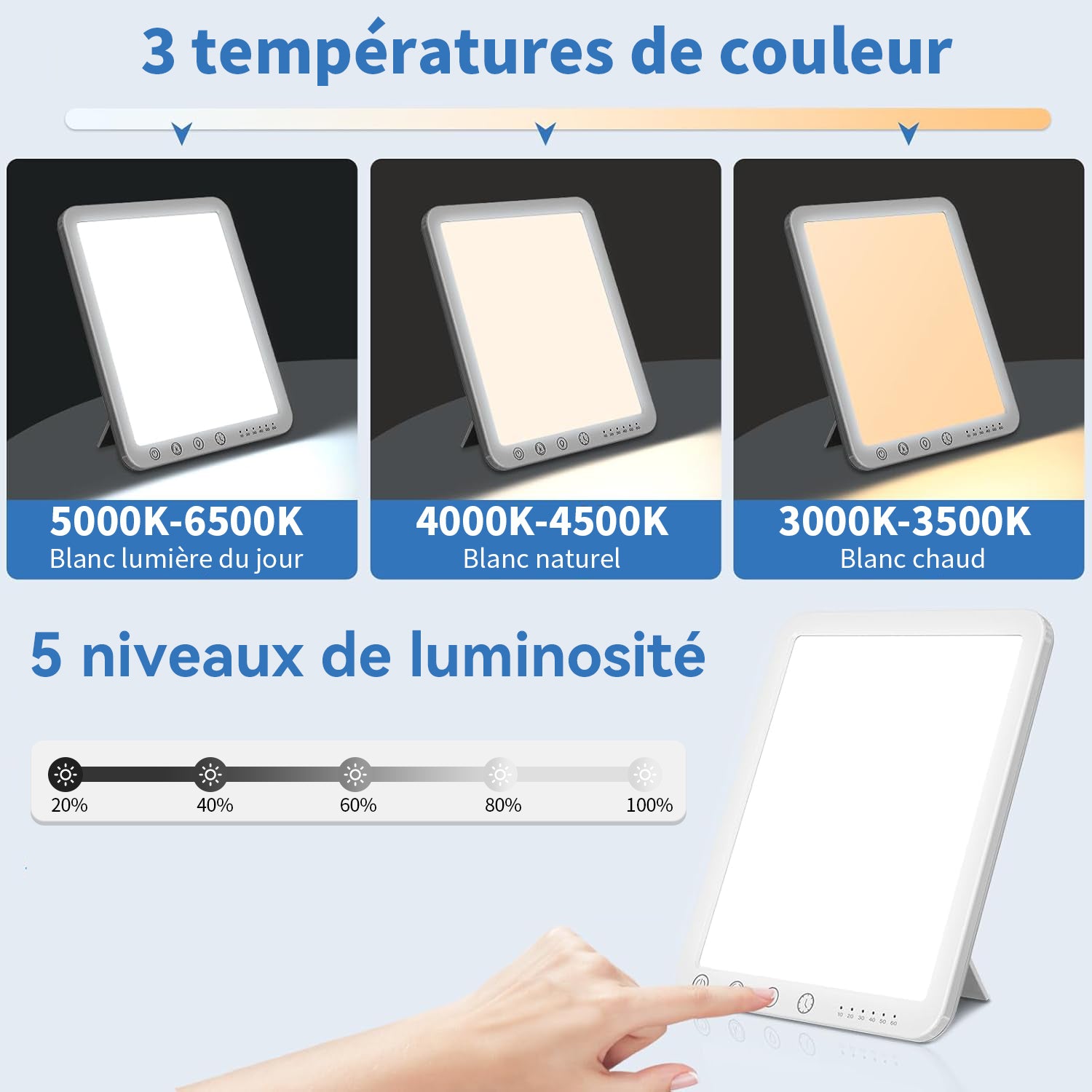 Panneau de la lampe de luminothérapie Velnotra avec indicateurs de température de couleur et de niveau de luminosité