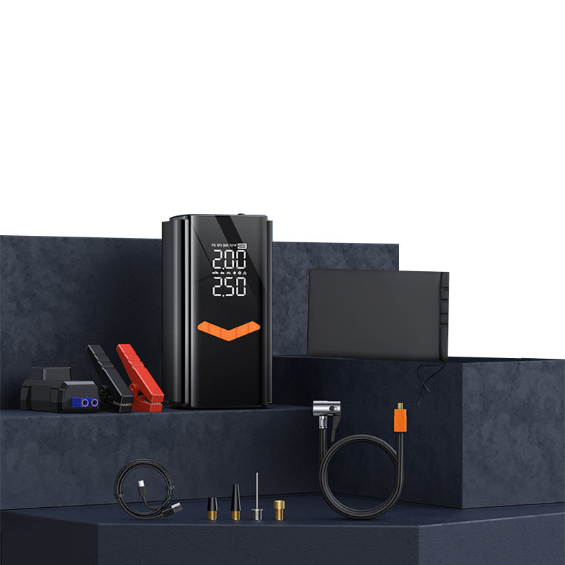 nomade 2-en-1 Gonfleur de pneus & Batterie de secours noir – Avec affichage numérique sur une plateforme sombre