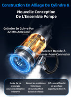 nomado 2-en-1 Gonfleur pneu & Booster batterie voiture – Illustration technique d’un ensemble de pompe avec caractéristiques mises en évidence sur fond sombre