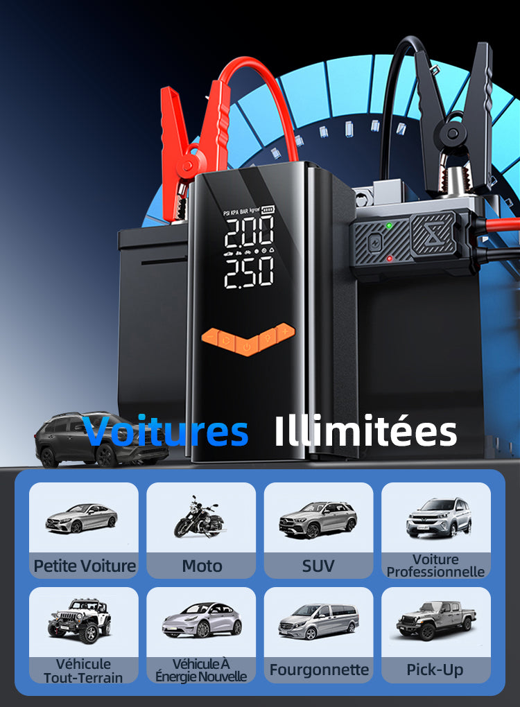 nomado 2-en-1 Gonfleur pneus & Démarreur batterie auto – Batterie avec interface de sélection du type de véhicule sur fond bleu