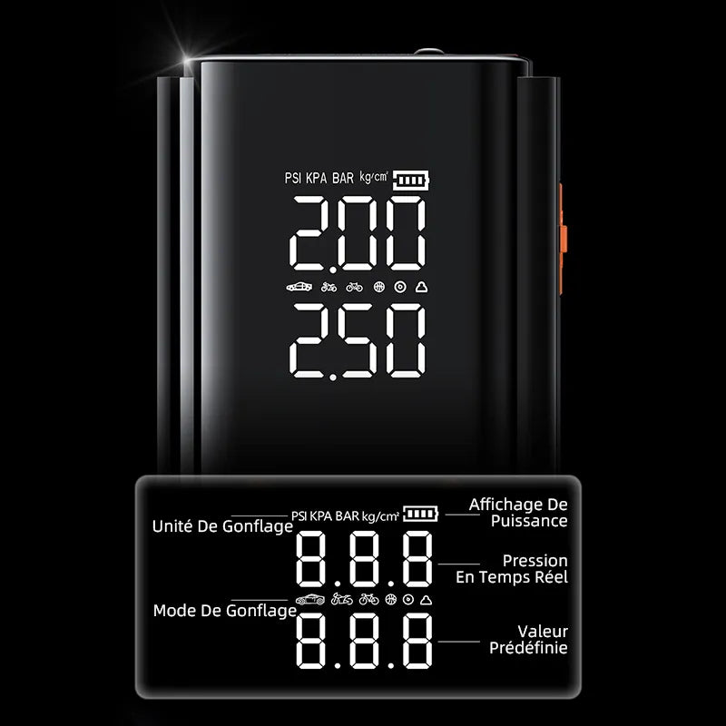 nomado 2-en-1 Pompe à pneus & Booster batterie automobile – Moniteur numérique avec affichage sur fond noir