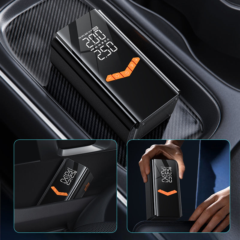 nomado Gonfleur de Pneu & Booster de Batterie Voiture Portable 2-en-1 numérique avec écran et indicateur de température, placé dans la sortie d’air d’une voiture