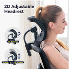 Femme utilisant l’appui-tête réglable 2D de la silvanhome Chaise de Bureau Ergonomique, avec texte indiquant les capacités de rotation et de réglage en hauteur.