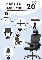 Guide d’assemblage étape par étape pour une chaise de bureau, avec une silvanhome Chaise de Bureau Ergonomique assemblée à la fin.