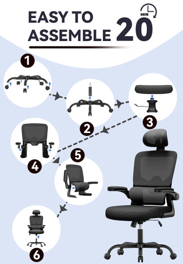 Guide d’assemblage étape par étape pour une chaise de bureau, avec une silvanhome Chaise de Bureau Ergonomique assemblée à la fin.