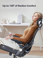 Femme utilisant une silvanhome Chaise de Bureau Ergonomique avec fonction massage, avec texte indiquant le confort d’inclinaison, dans un bureau à domicile.