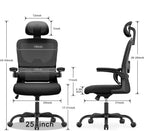 silvanhome Chaise de Bureau Ergonomique noire avec mesures détaillées sur fond blanc

