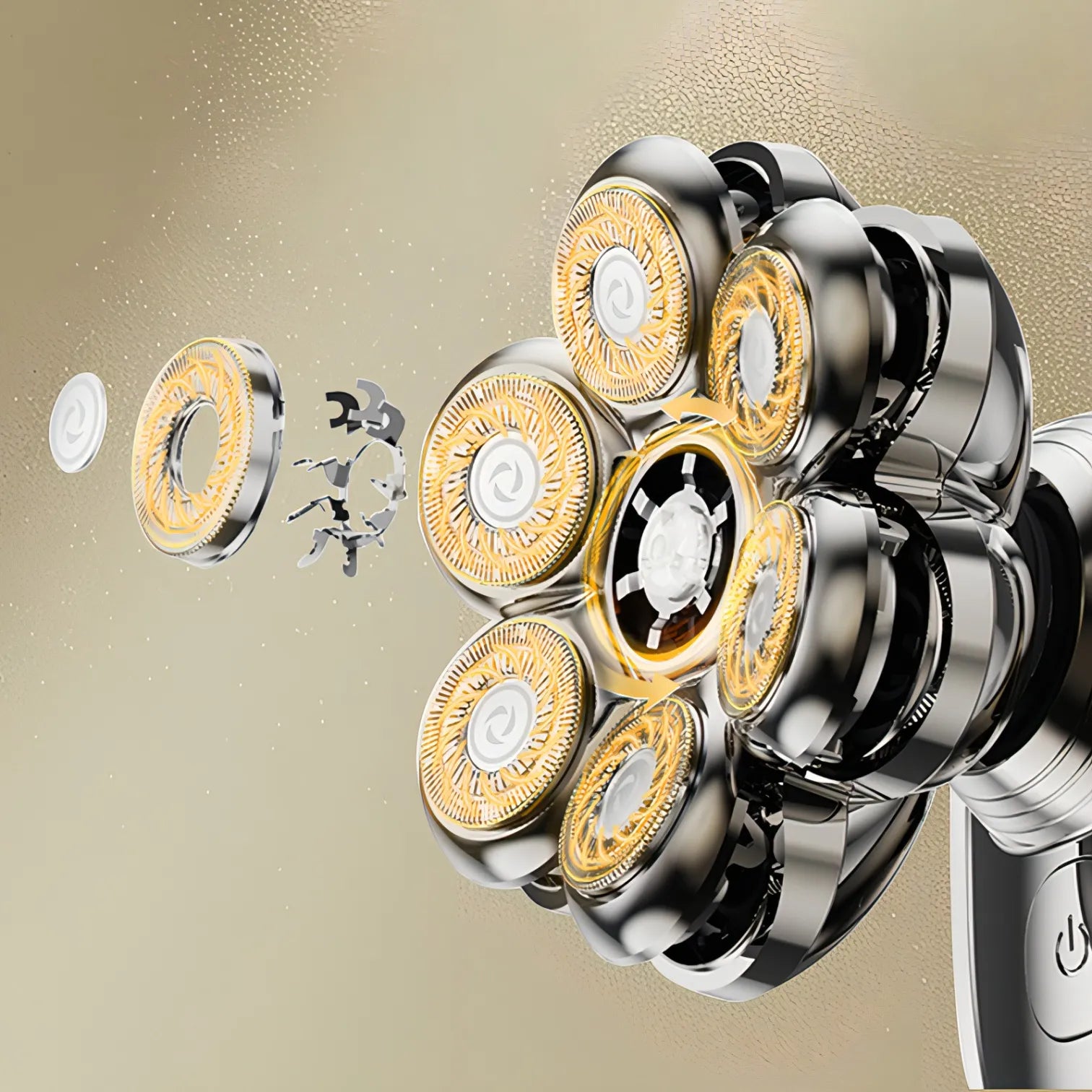 Gros plan sur un Korons Rasoir Tête Chauve multi-lames avec lames dorées et argentées sur fond beige