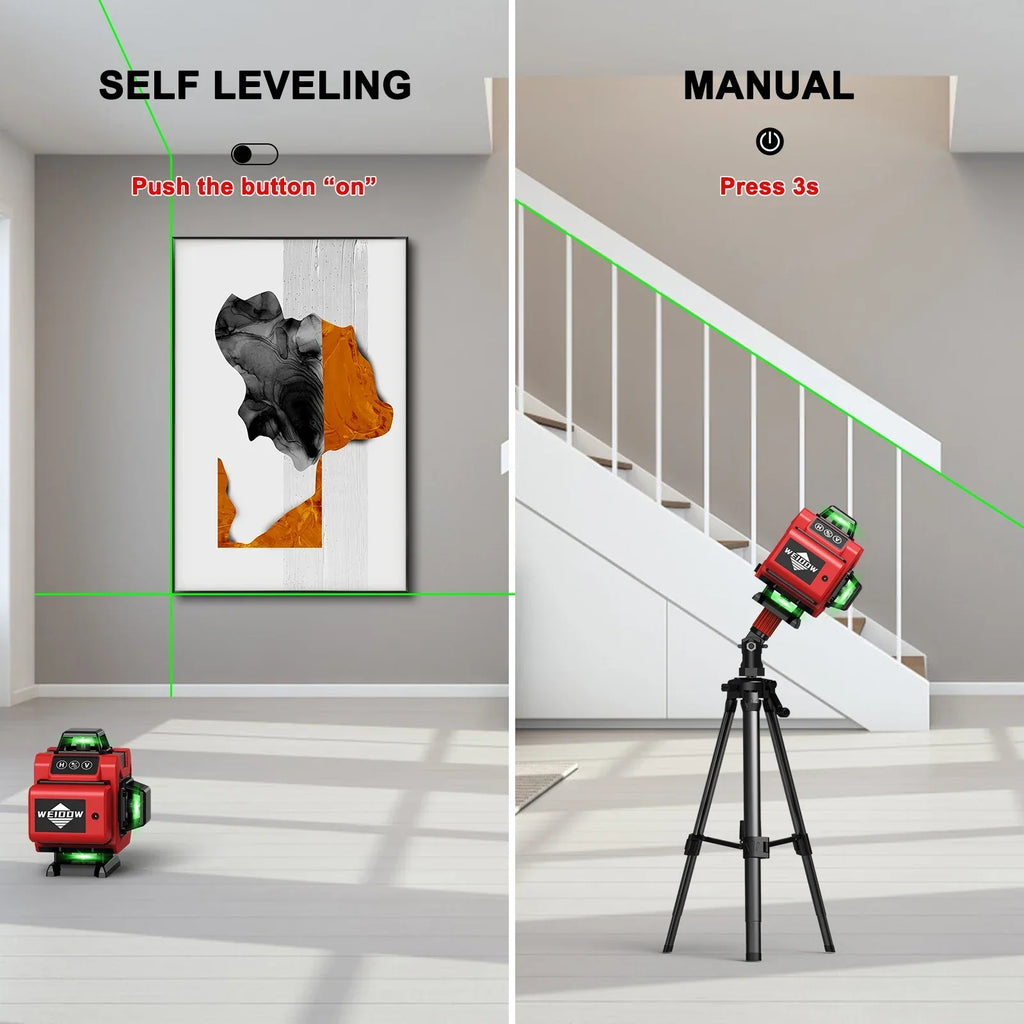 Deux scénarios montrant un appareil Silvanhome Niveau Laser utilisé en mode auto-nivelant et en mode manuel.