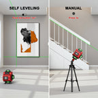 Deux scénarios montrant un appareil Silvanhome Niveau Laser utilisé en mode auto-nivelant et en mode manuel.