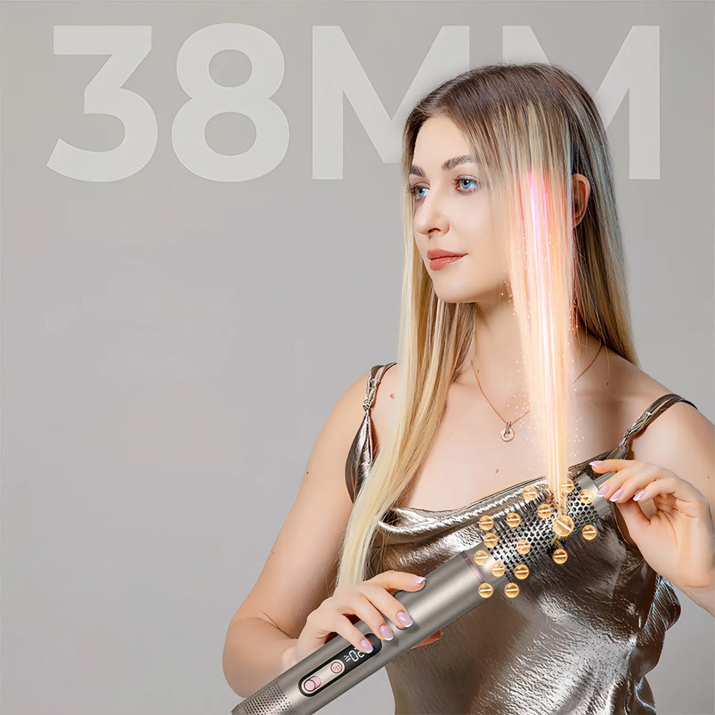 Femme utilisant une Korons Brosse Soufflante pour le lissage, avec texte « 38 mm » sur fond gris