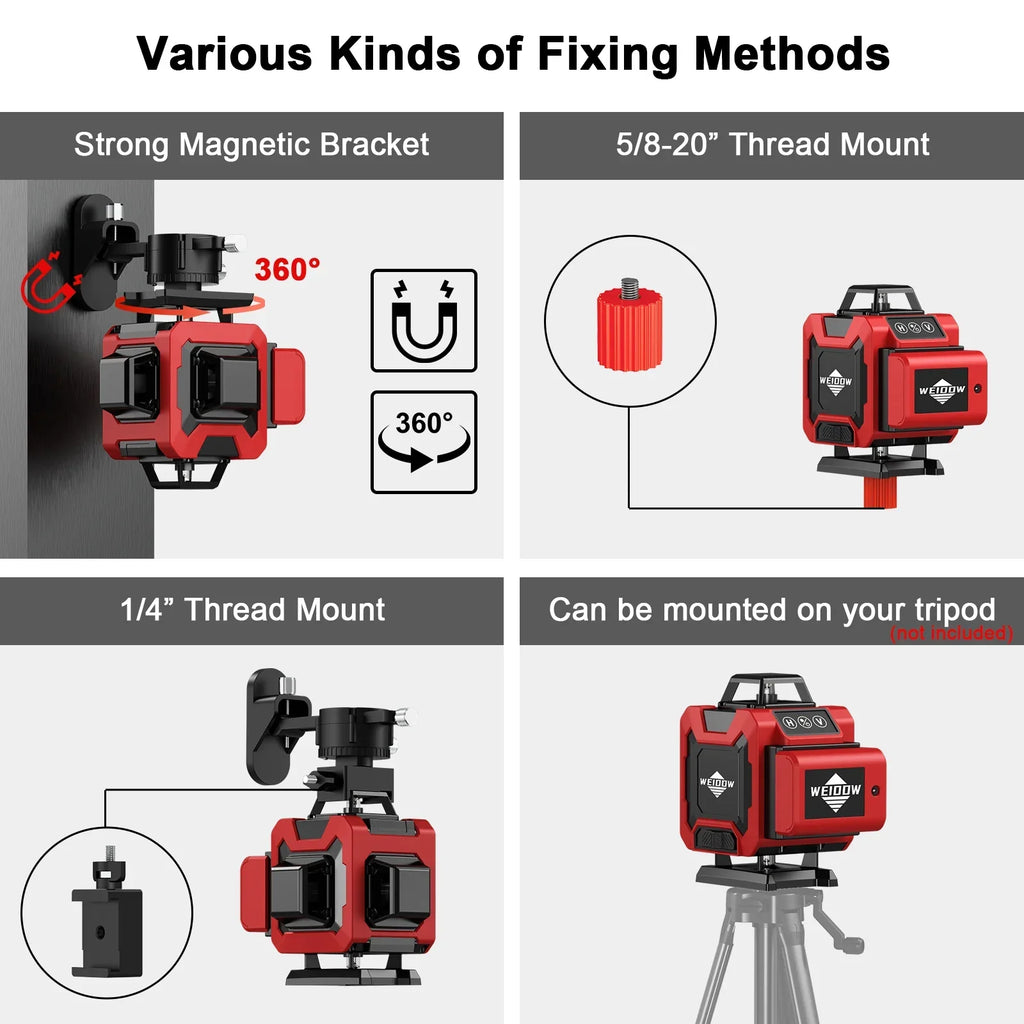 Schéma montrant diverses méthodes de fixation pour un Velnotra Niveau Laser rouge avec des étiquettes de texte.