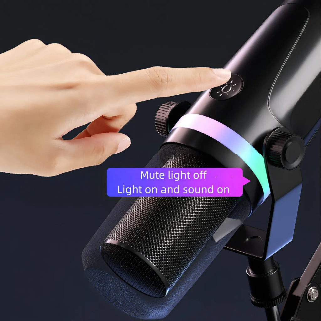 Main pointant vers un bouton du Kersens Microphone avec éclairage RGB, avec les indications « Muet : lumière éteinte / Lumière allumée et son activé ».