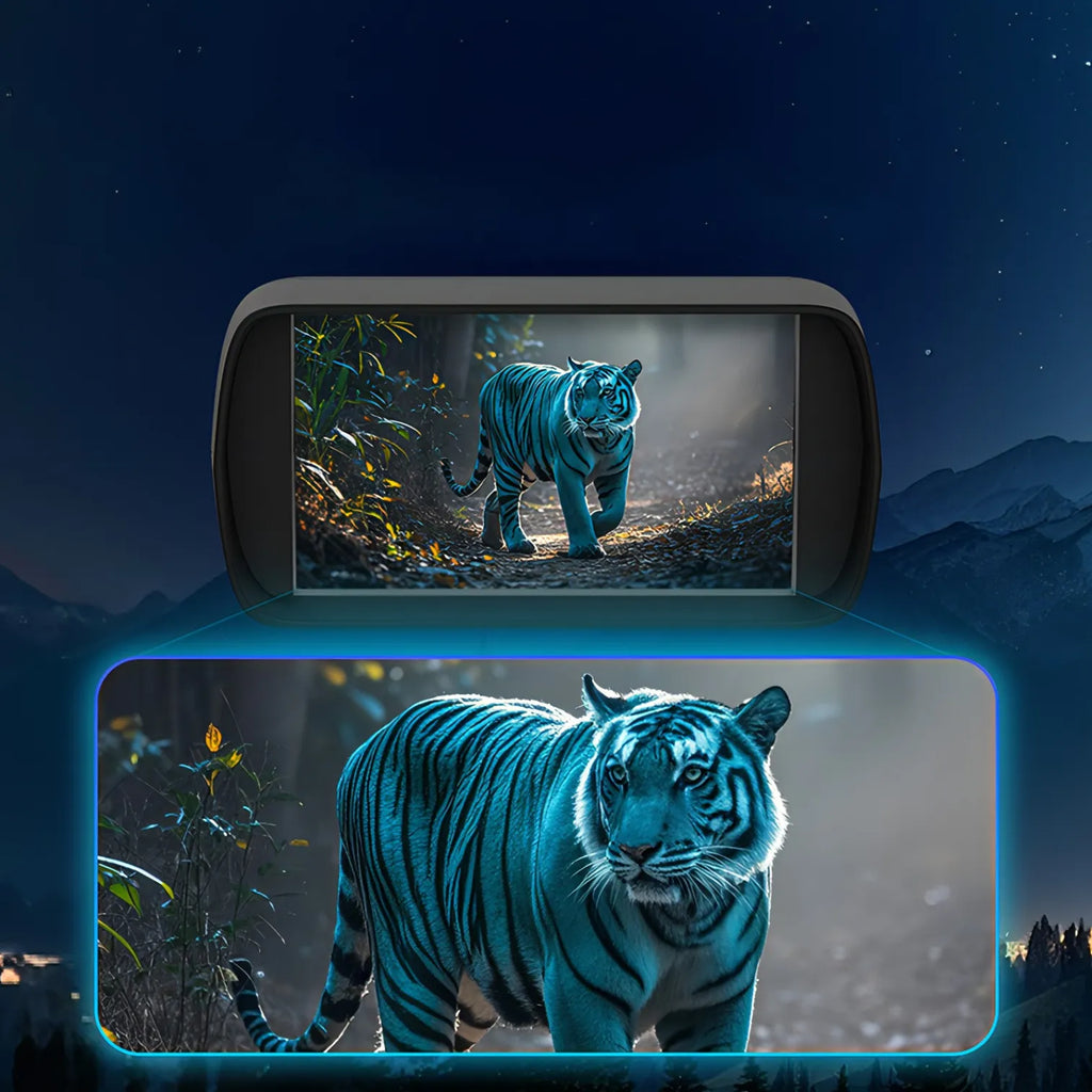 Dispositif de vision nocturne 4K avec spécifications sur fond sombre
